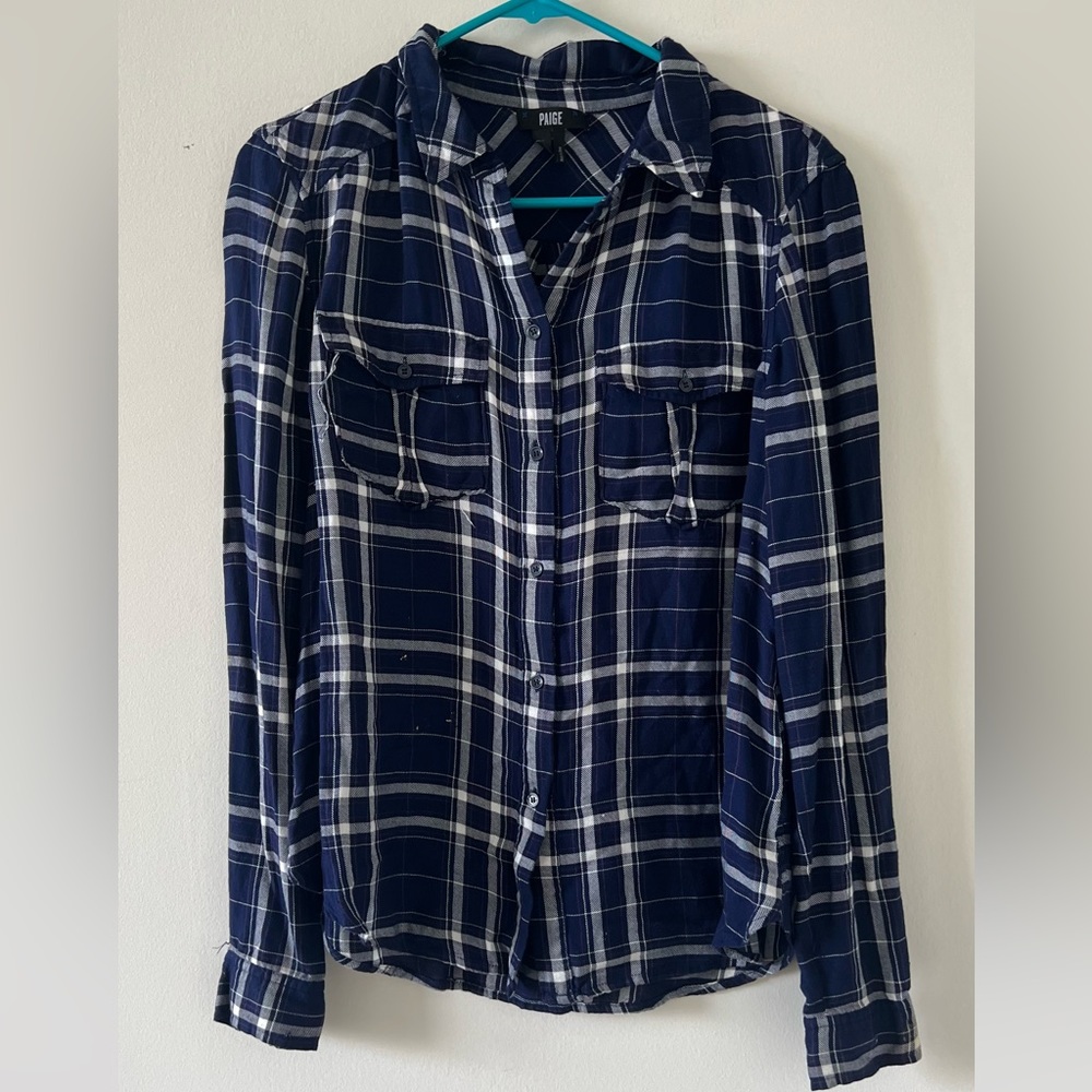 Paige Navy Flannel Button Up Long Sleeve in Size Small